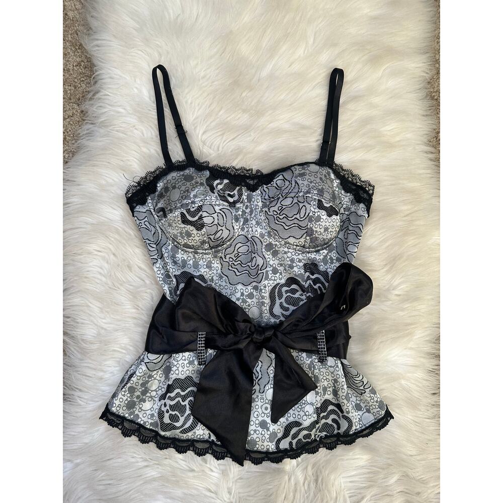Vintage Y2K Myth Gray Black Corset Tie Lace Rhinestone Tank Top
